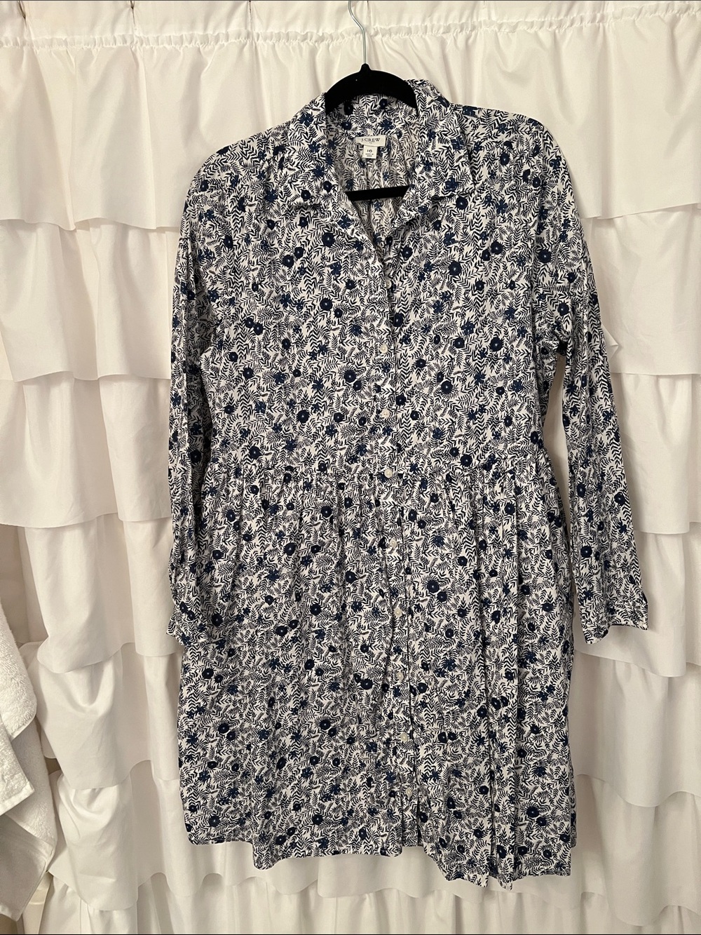 J. Crew Navy and White Floral Long-Sleeve Shirt Dress